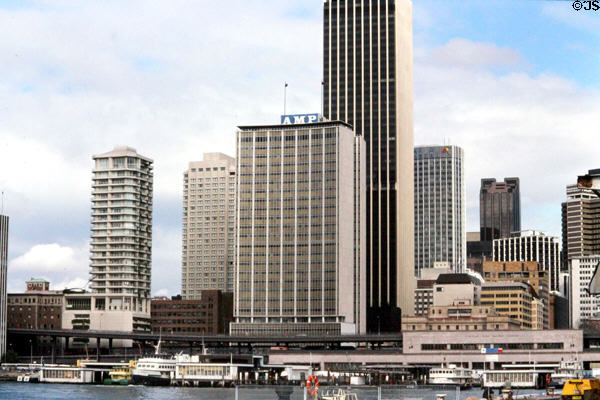 Skyline above Sydney Ferry docks. Sydney, Australia.