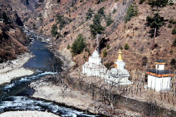 Three Paro stupas in three styles: Tibetan, Nepali & Bhutanese. Bhutan.