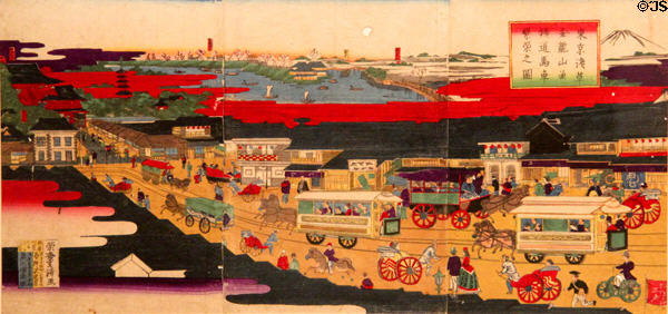 Horse-drawn trams at Asakusa, Tokyo ukiyo-e woodblock print (before 1899) by Utagawa Shigekiyo at Art Gallery of Greater Victoria. Victoria, BC.