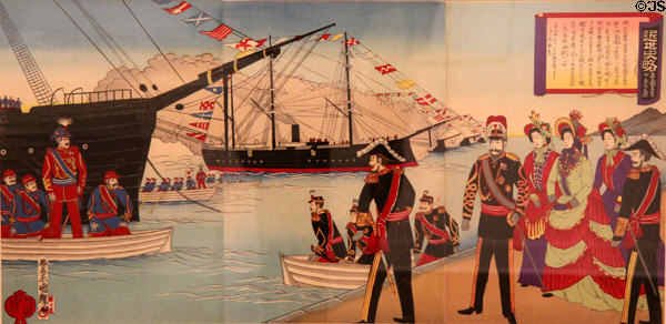 Meiji Emperor & Empress awaiting visit of Russian Prince Nicholas ukiyo-e woodblock print (1891) by Utagawa Kuniteru III at Art Gallery of Greater Victoria. Victoria, BC.