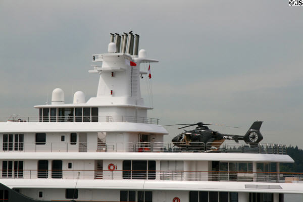 Detail of luxury yacht with helicopter. Vancouver, BC.
