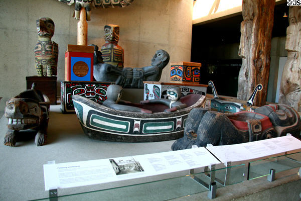 Collection of Northwest Coast native boxes & dishes at Museum of Anthropology at UBC. Vancouver, BC.