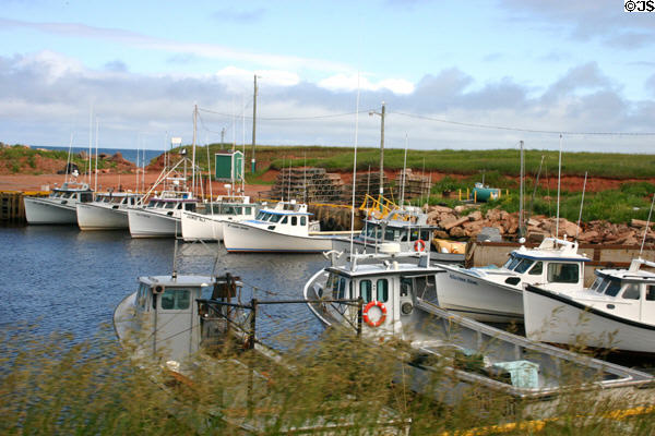 Lobster pots stacked around harbor at North Cape. PE.