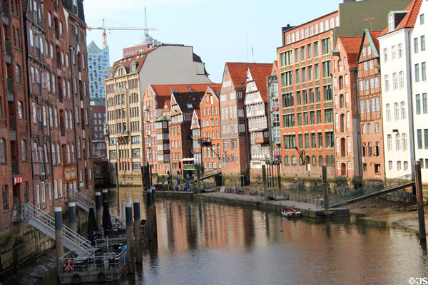 Buildings along Nikolaifleet from Holzbrücke. Hamburg, Germany.