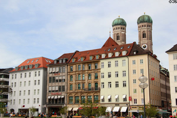 Frauenkirche cathedral towers above Marienhof. Munich, Germany.