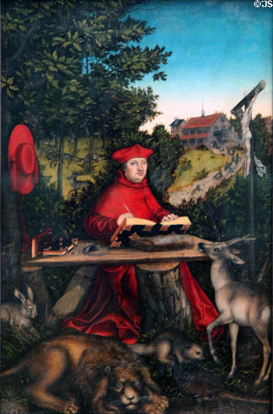 Cardinal Albrect von Brandenburg as St Jerome painting (1527) by Lucas Cranach the Elder at Berlin Gemaldegalerie. Berlin, Germany.