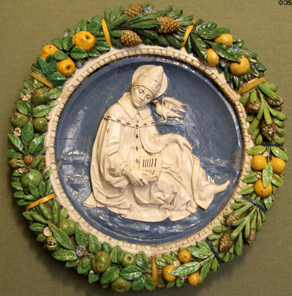 St Gregory ceramic (c1490) by Andrea della Robbia of Florence at Bode Museum. Berlin, Germany.