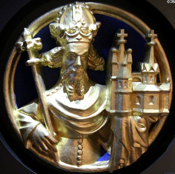 Choir Hall Keystone with image of Charlemagne (before 1414) (copy) at New Aachen City Museum. Aachen, Germany.
