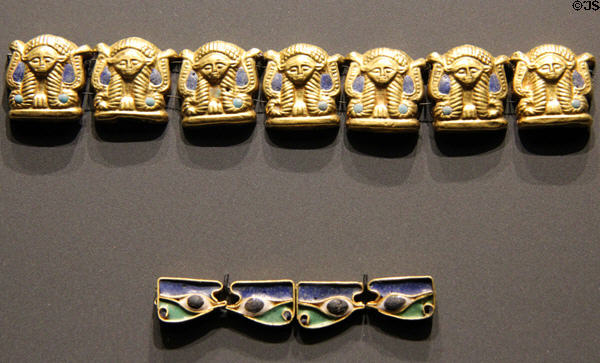 Chain links with head of Hathor & Eyes of Horus of gold & glass at Museum Ägyptischer Kunst. Munich, Germany.