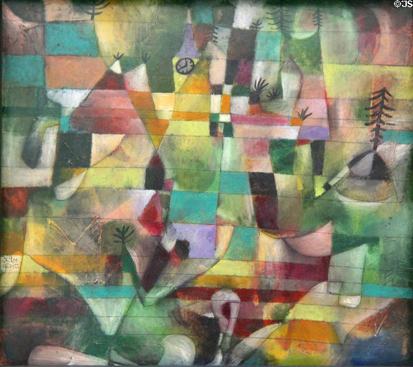 Landscape with Yellow Church Tower painting (1920) by Paul Klee at Pinakothek der Moderne. Munich, Germany.