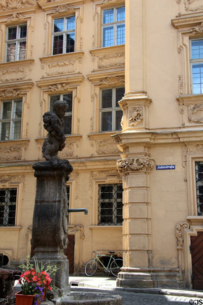 Water fountain on Judenstrasse in old town Bamberg. Bamberg, Germany.