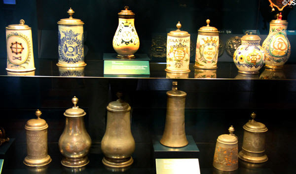 Jug display (1667-1772) Ludwigsburg & Saltzburg: Each guild member had his own stein or jug with his name or initials for hygiene & to avoid mix ups at Museum of Bread and Art. Ulm, Germany.