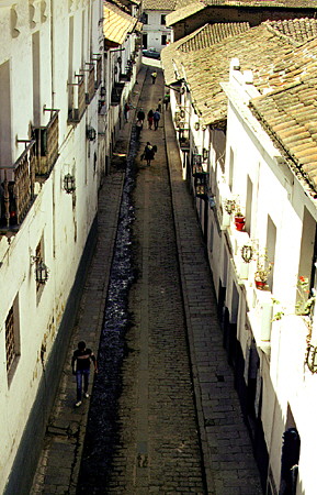 Many of the balconied houses along La Ronda in Quito are open to visitors. Ecuador.