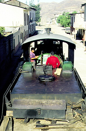 Looking over the steam train's engine about to depart from Alausí for Guayaquil. Ecuador.