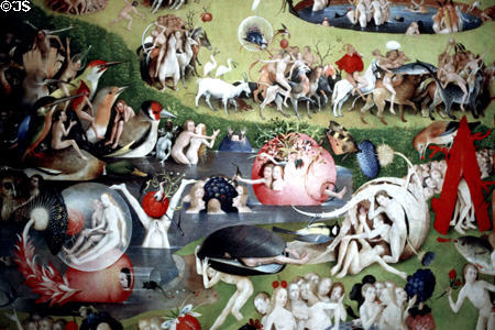 Garden of Delights detail of birds & pleasures (c1500-10) by Hieronymus Bosch in Prado Museum. Madrid, Spain.
