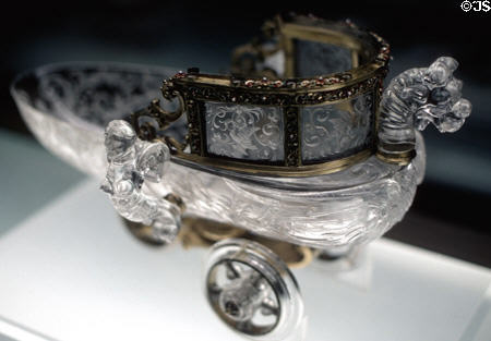 Crystal vessel in shape of boat on wheels (end 16thC) in Prado Museum. Madrid, Spain.