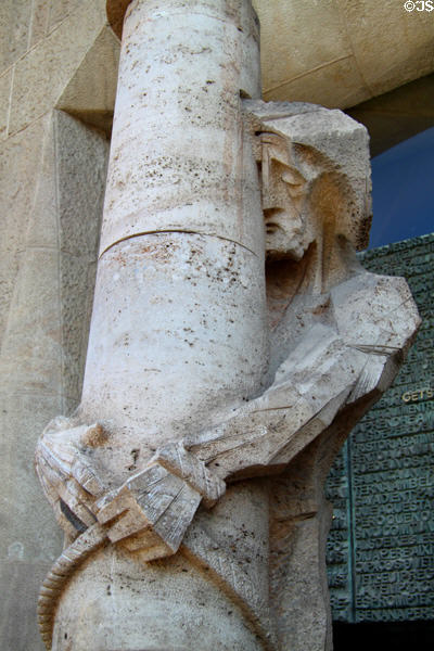 Christ pilloried on Passion Facade at Sagrada Familia. Barcelona, Spain.