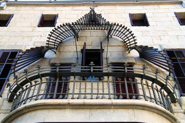 Wrought iron upper section of Gaudi's patio screen which shades upper floor bedrooms at Palau Güell. Barcelona, Spain.