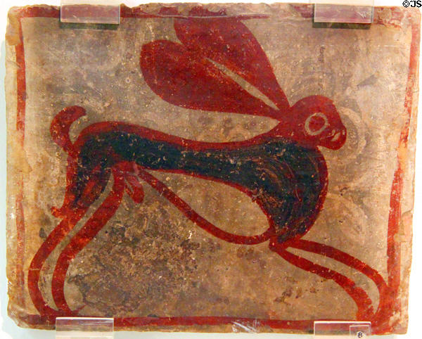 Baked terracotta plaque with hare design at Ceramics Museum of Barcelona. Barcelona, Spain.