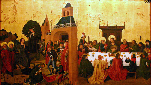 Painted panel of Christ's entry into Jerusalem & Last Supper (1465) by Gaspard Isenmann from the Altar of St Martin church of Colmar in Unterlinden Museum. Colmar, France.