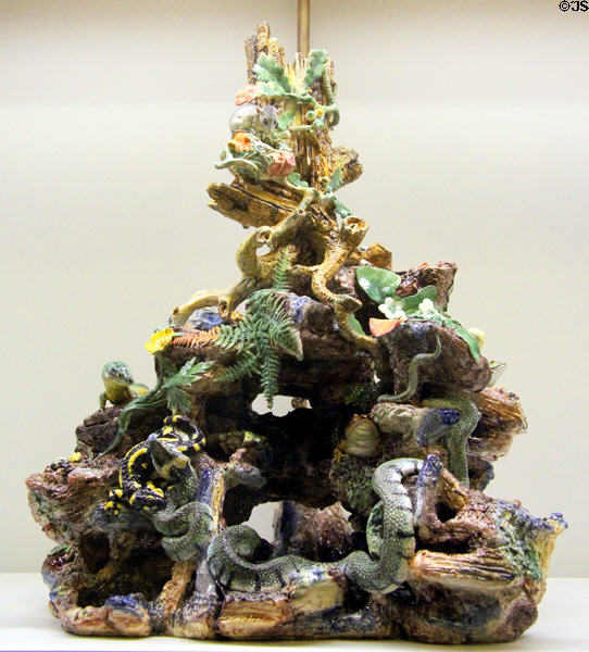 Ceramic table centerpiece in form of rock with snakes & other creatures (1860) by Charles-Jean Avisseau of Tours, France (shown Paris Expo 1867) at Museum of Decorative Arts. Paris, France.
