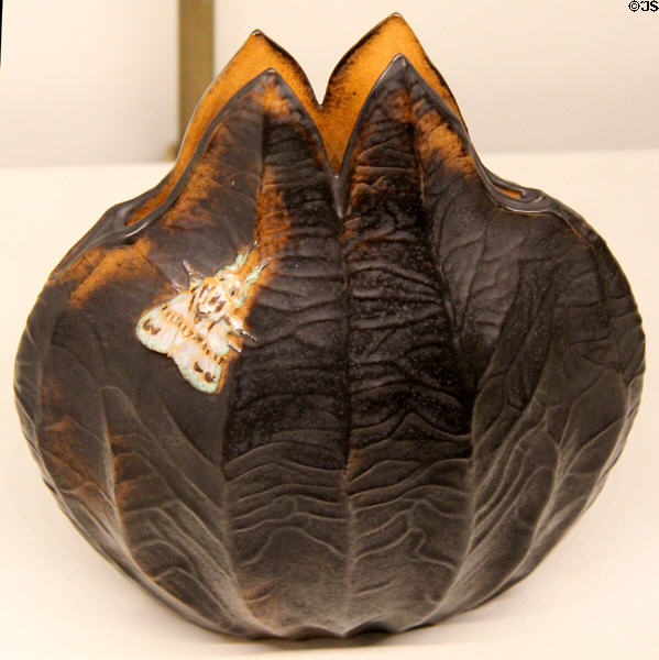 Vase in form of rattle (Rhinanthus) chalice flower with moth (1914) by Gabriel & Yvonne Bernadou of Saint-Augustin at Museum of Decorative Arts. Paris, France.