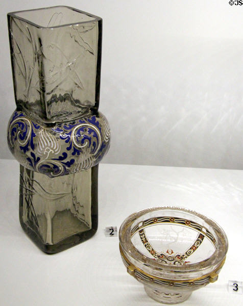 Glass "bamboo" vase by François-Eugène Rousseau & "Four Seasons" cup by Émile Gallé (both shown Paris Expo 1878) at Museum of Decorative Arts. Paris, France.
