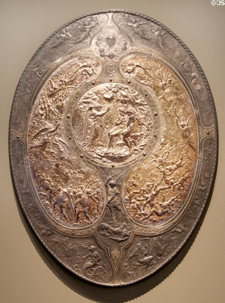 Reproduction of Paradise Lost shield (1866) by Léonard Morel-Ladeuil for Elkington Co. of Birmingham (shown Paris Expo 1867) at Museum of Decorative Arts. Paris, France.