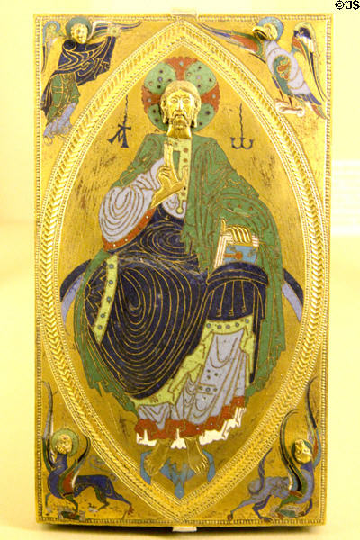 Enameled bookbinding plaque with Christ & Evangelist symbols (late 12thC) from Spain or Limoges at Cluny Museum. Paris, France.