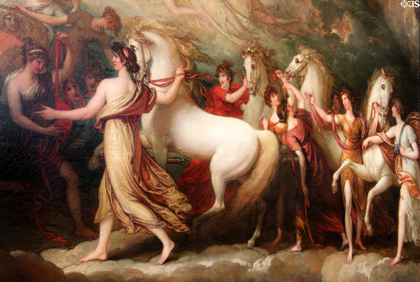 Detail of Phaéton sollicitant auprès d'Apollon la conduite du char du Soleil (Phaeton asking Apollo to drive the chariot of the sun) painting (1804) by Benjamin West at Louvre Museum. Paris, France.
