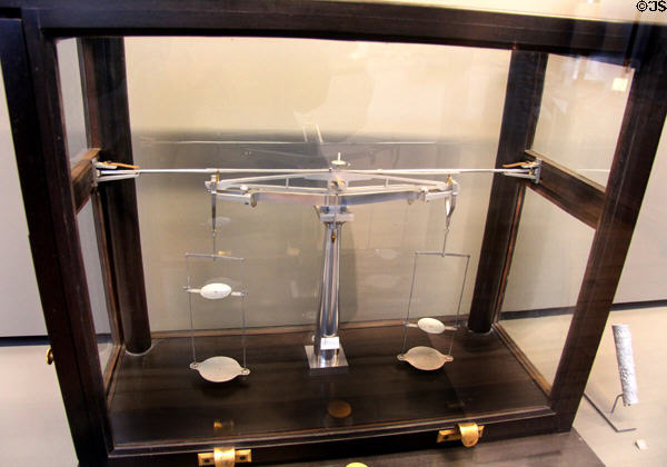 Precision scales with aluminum balance arm (1855) by Collot co. (shown Paris Expo 1855) at Arts et Metiers Museum. Paris, France.