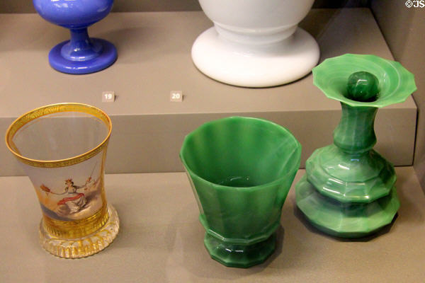 Bottle & tumbler made of imitation malachite glass (1851) by Cristalleries du comte d'Harrach (shown London Expo 1851) at Arts et Metiers Museum. Paris, France.