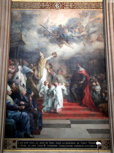 Crowning (800 CE) of Charlemagne by Pope Leon III mural (1874) by Henry-Léopold Levy at Pantheon. Paris, France.