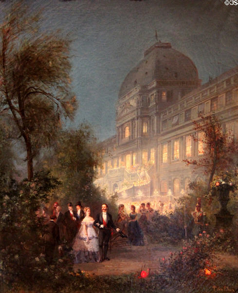 Paris Universal Exposition night festivities at Tuileries, June 10, 1867 marking visit of sovereigns Empress Eugénie, Tsar Alexander II, Napoleon III & William I of Prussia painting by Pierre Tetar van Elven at Carnavalet Museum. Paris, France.