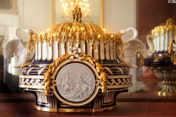 Sèvre porcelain vase with swans (1765-6) at Versailles Palace. Versailles, France.