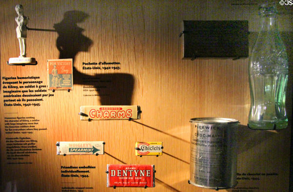 Display of gum & treats Americans brought with them to France at Caen Memorial. Caen, France.