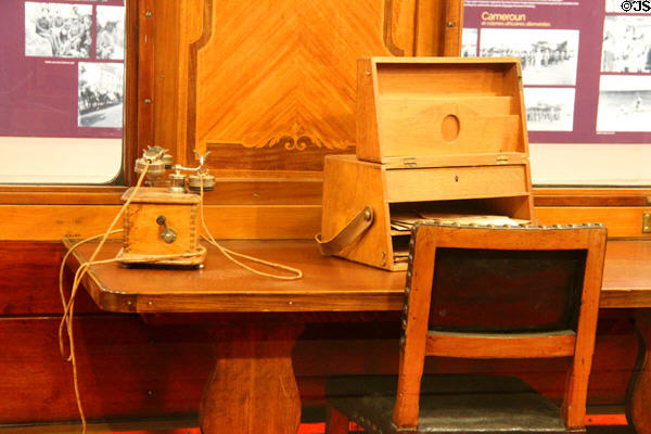 Vintage 1918 telephone & document box in Armistice Rail Car at Armistice Rail Car clearing. Compiègne, France.