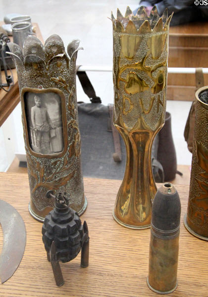 Decorative objects made by WWI frontline soldiers from battlefield rubble at Armistice Rail Car Museum. Compiègne, France.