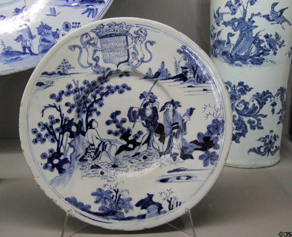 Earthenware plate with blue arms of François III of Harcourt (end 17thC) by Poterat of Rouen at Rouen Ceramic Museum. Rouen, France.