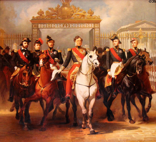 Louis-Philippe leaving Versailles accompanied by his sons painting by Horace Vernet in Orléans bedroom in Royal Lodge at Chateau Royal of Amboise. Amboise, France.