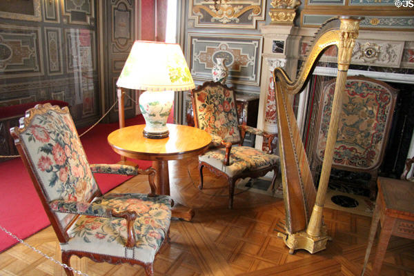 Harp (17thC) by Erard in Grand Salon at Cheverny Chateau. Cheverny, France.