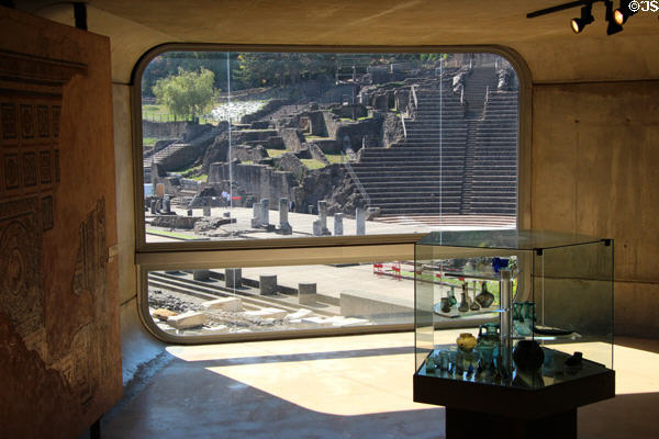 Architecture of Gallo Roman Museum which looks out on Lyon's ancient Roman Theatre ruins. Lyon, France.
