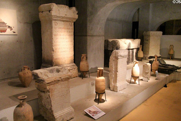 Collection of Roman grave markers & amphorae at Gallo Roman Museum. Lyon, France.