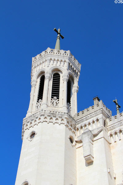 Corner tower of Basilique Notre-Dame de Fourvière. Lyon, France.
