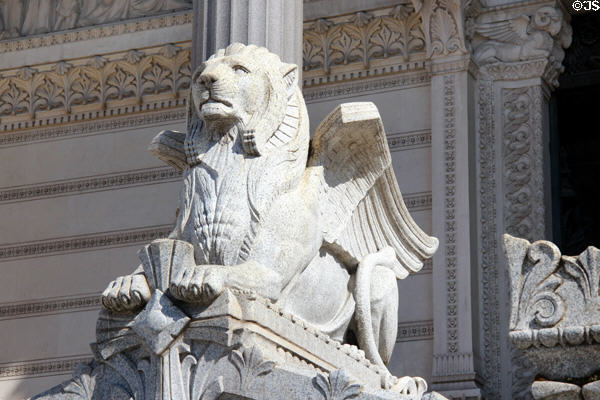 Winged lion of Lyon at entrance of Basilique Notre-Dame de Fourvière. Lyon, France.