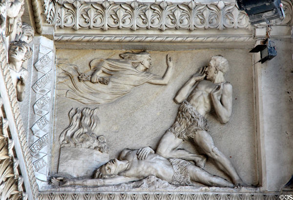 Frieze panel of angel staying hand of Isaac sacrificing Jacob at Basilique Notre-Dame de Fourvière. Lyon, France.
