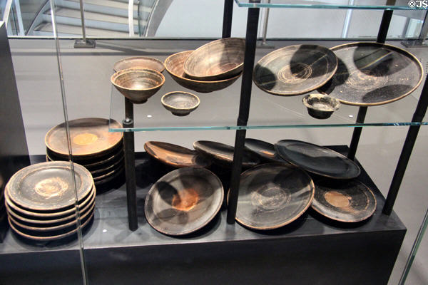 Ceramic plates (75-50 BCE) from tomb in necropolis of Marronniers à Beucaire at Musée de la Romanité. Nimes, France.