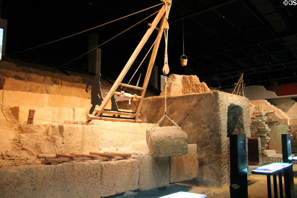 Full scale model of how Romans lifted stones into place for aqueduct construction at Pont du Gard museum. Nimes, France.