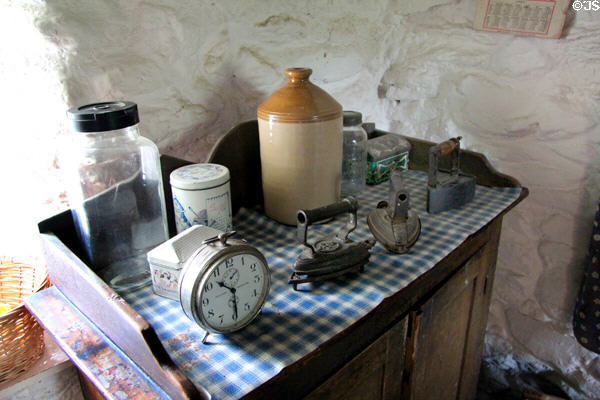 Household tools at Kissane's farm at Muckross Traditional Farms in Killarney National Park. Killarney, Ireland.