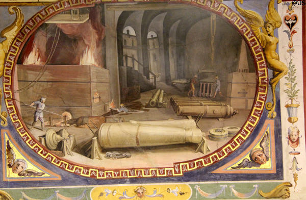 Painted view of casting of canons on ceiling at Uffizi Gallery. Florence, Italy.